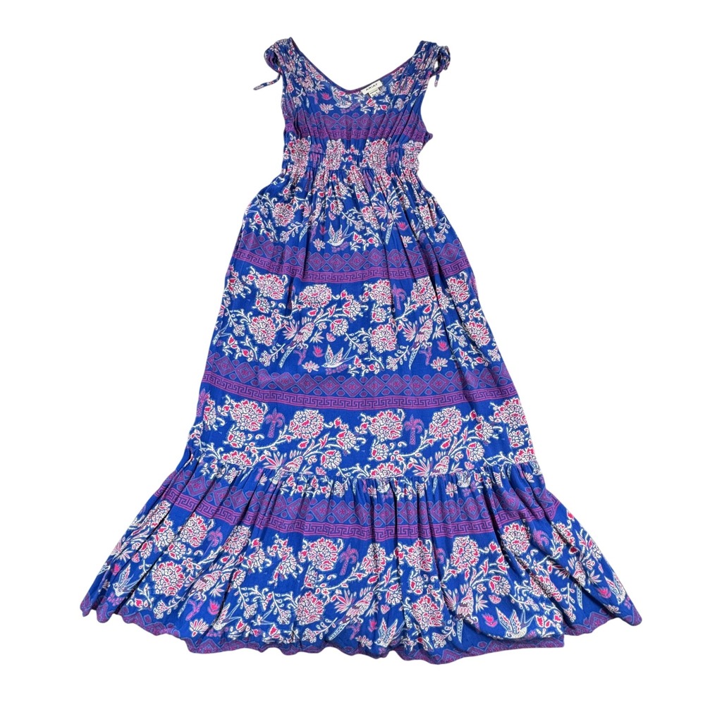 Ariat Womens Candela Maxi Dress Blue Pink Floral Bird Print Smocked XS 10051478